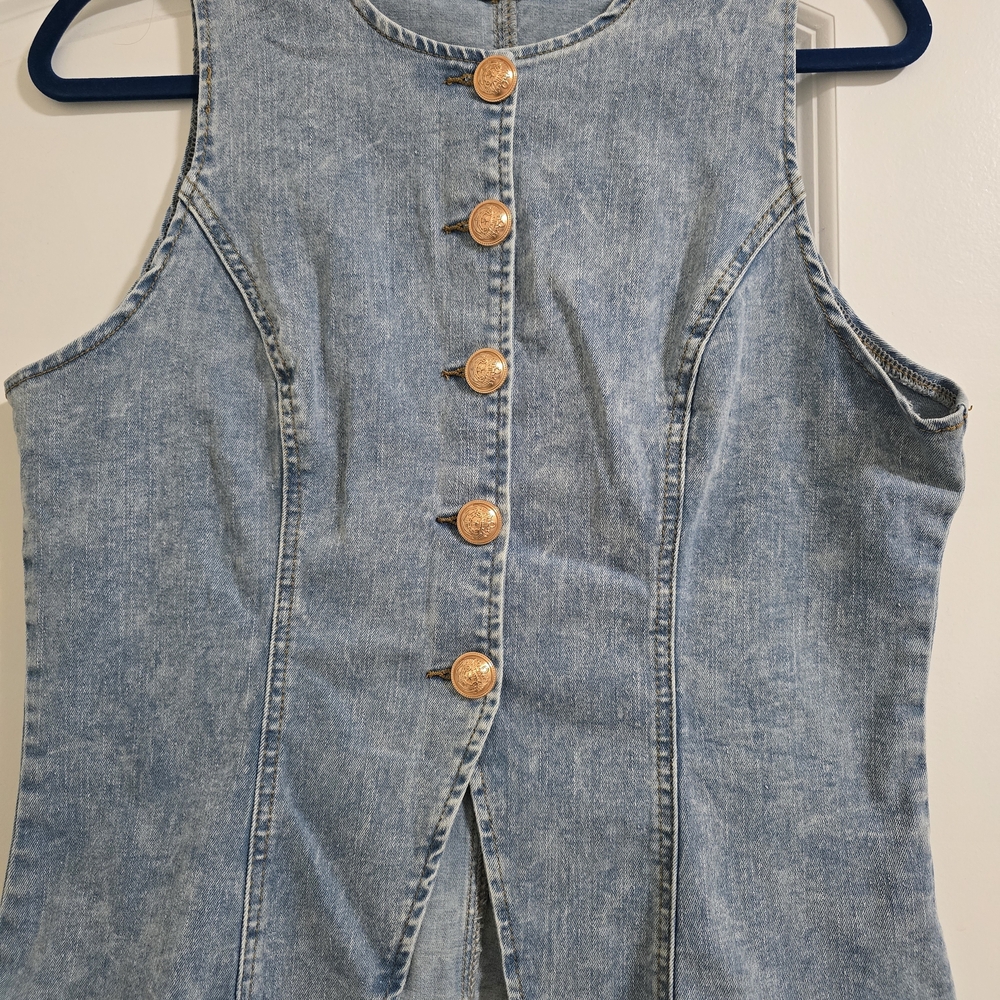 Denim Sleeveless Top with Gold Buttons